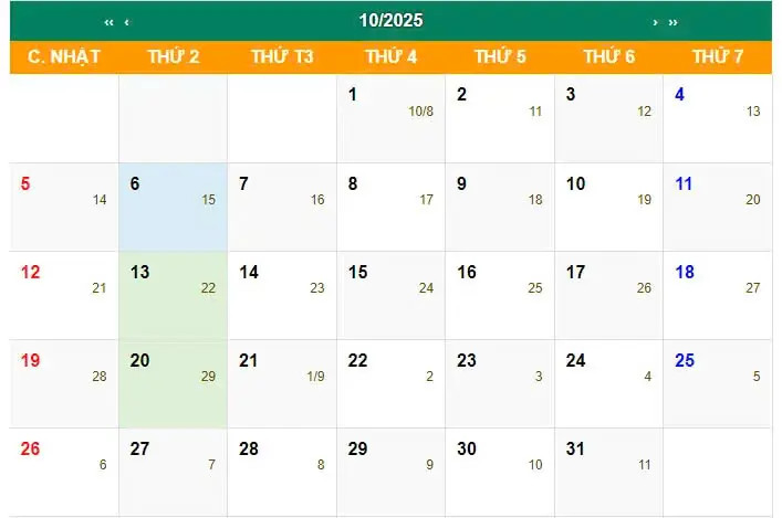 Lịch ngày tốt tháng 10 năm 2025