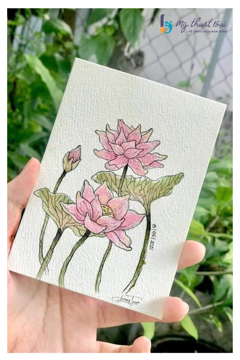 Tranh vẽ hoa sen dễ thương phong cách hiện đại