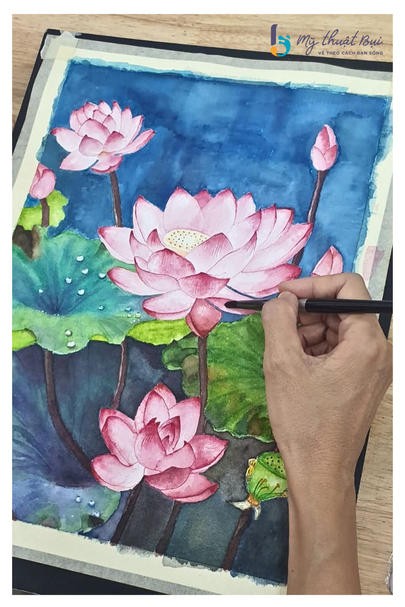 Bức tranh vẽ hoa sen tổng thể