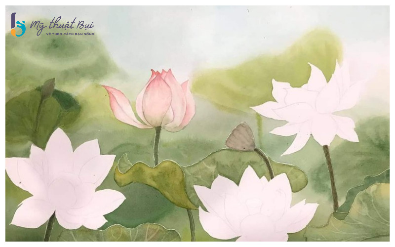 Các bước vẽ hoa sen - Bước 2: Lên màu hoa sen