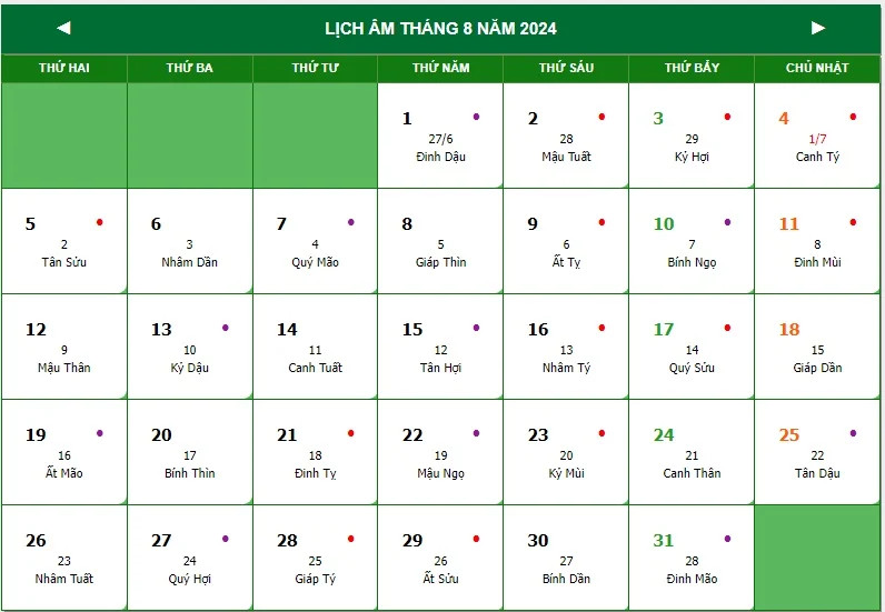 Lịch tháng 8 năm 2024, cho thấy ngày 30 rơi vào Thứ Sáu