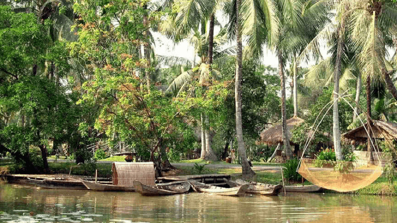 Không gian xanh mát, yên bình của Làng du lịch Bình Quới 1 với những hàng dừa nước đặc trưng