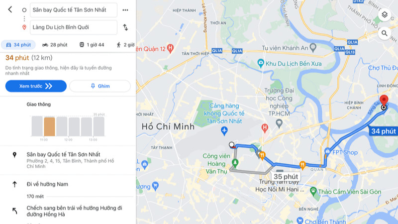 Bản đồ quãng đường di chuyển từ Sân bay Tân Sơn Nhất đến Làng du lịch Bình Quới
