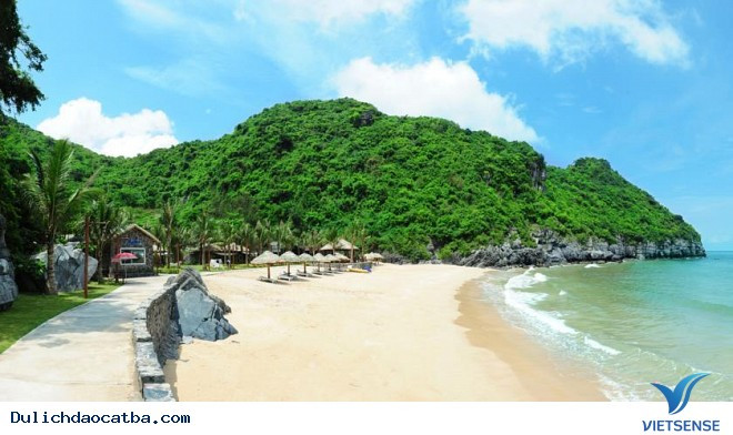 Một bãi biển cát trắng mịn màng với nước biển trong xanh ở Cát Bà