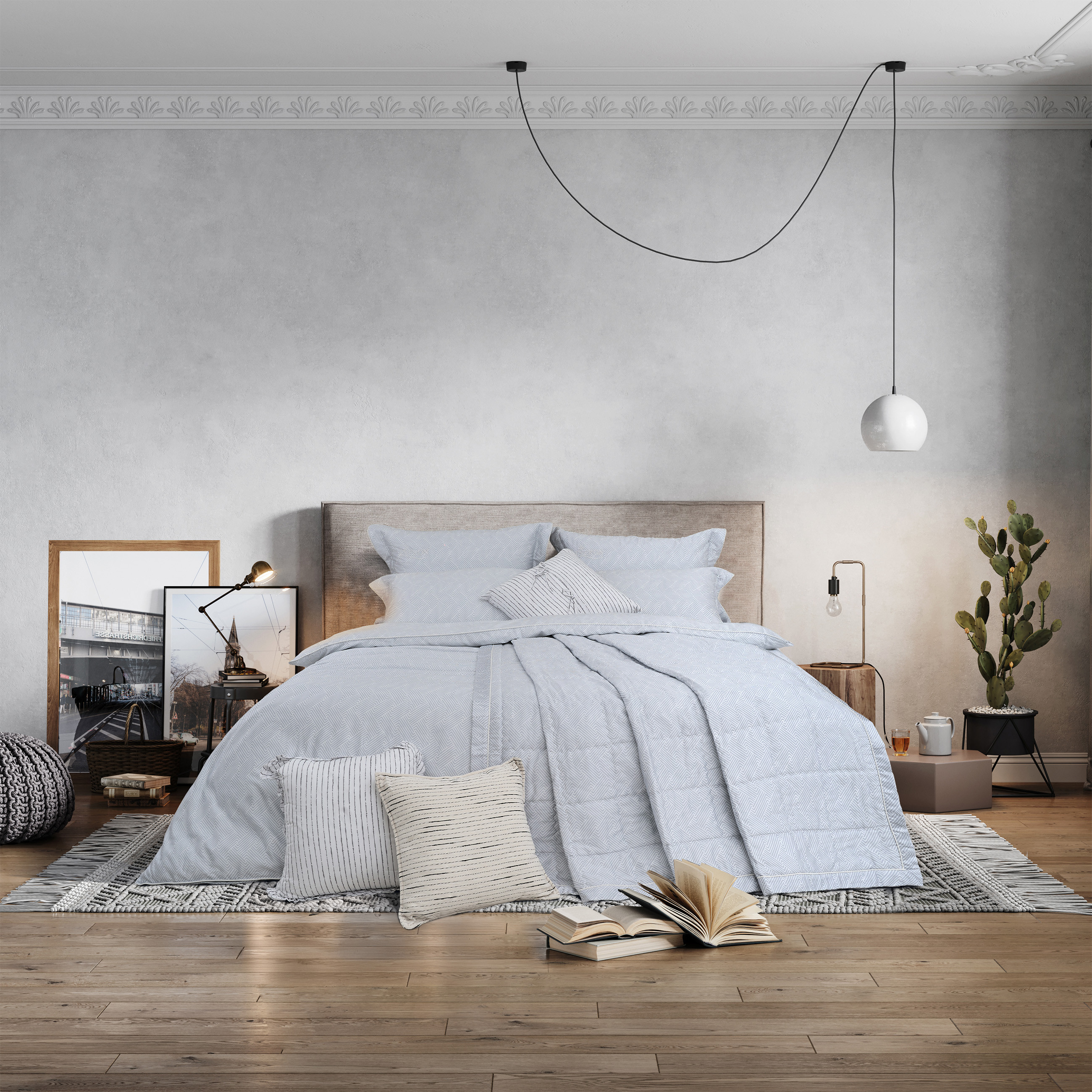 Bộ chăn ga gối màu xám kết hợp trắng với thiết kế hiện đại