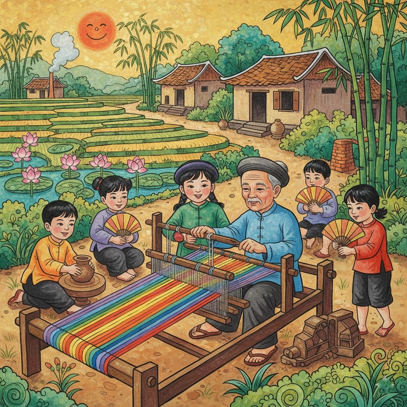 Hình vẽ cảnh lao động trong làng nghề xưa