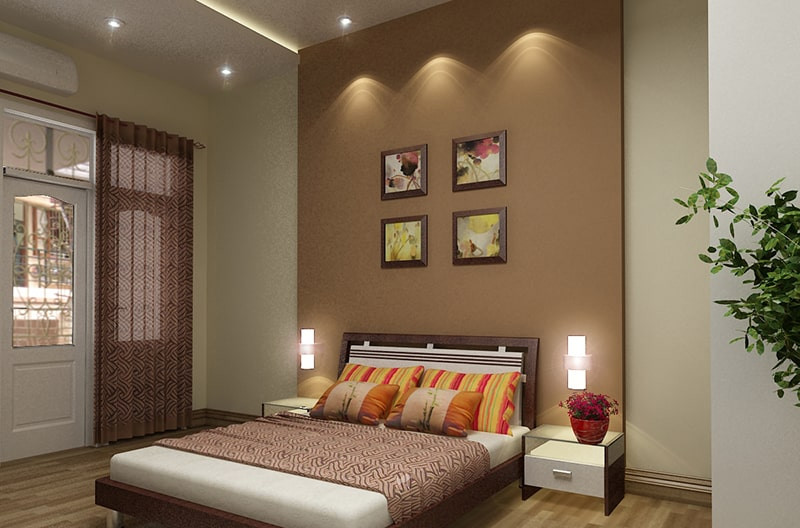 Phòng ngủ hiện đại với tông màu trung tính, giường đặt vững chắc cạnh tường, không đối diện cửa