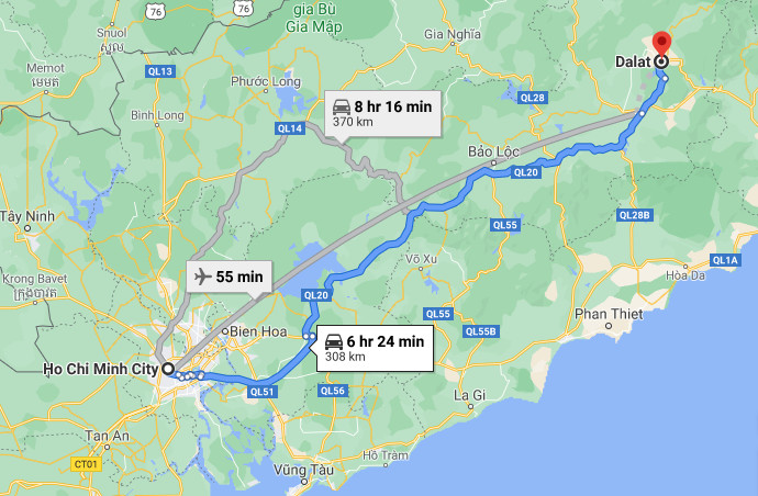 Bản đồ minh họa tuyến đường bộ từ Sài Gòn đến Đà Lạt