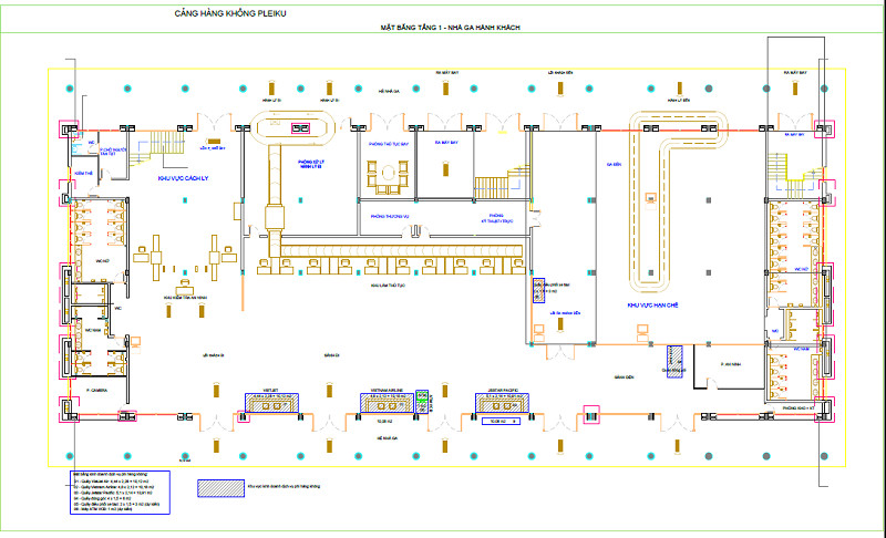 Sơ đồ Tầng 1 Nhà ga hành khách của sân bay Pleiku, hiển thị các khu vực chức năng chính