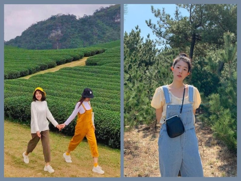 Cô gái mặc quần yếm denim cùng áo thun trắng, đi giày thể thao và đội mũ lưỡi trai