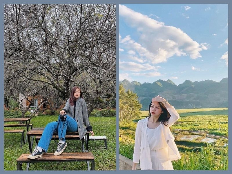 Du khách mặc áo blazer cùng quần jeans và chân váy trong khung cảnh xanh mướt