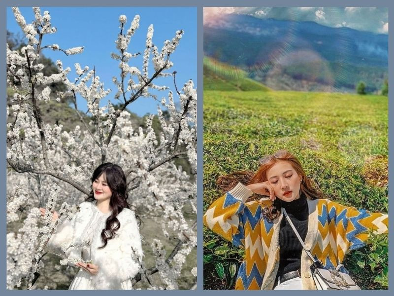 Một cô gái mặc áo cardigan len và quần jeans đang đứng giữa khung cảnh núi đồi