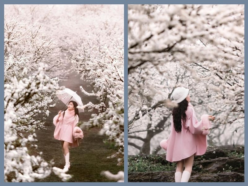 Cô gái mặc váy suông dài, áo khoác lông và boots cao cổ trong khung cảnh mùa đông