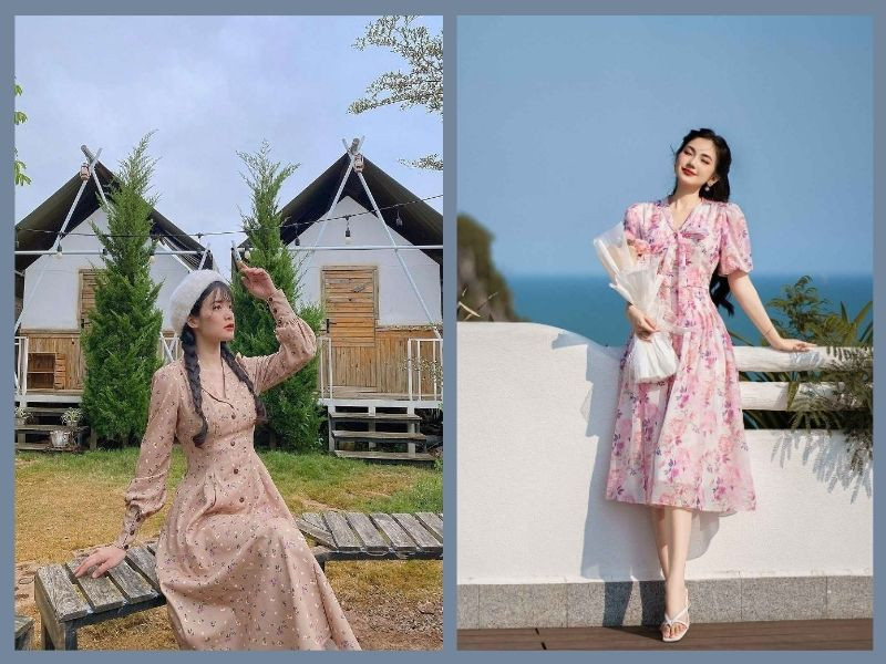 Một cô gái mặc đầm xòe dáng A đứng giữa khung cảnh thiên nhiên tươi sáng