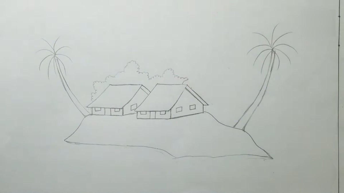 Phác thảo bố cục tổng thể cho bức vẽ phong cảnh quê hương với ngôi nhà và cây cối