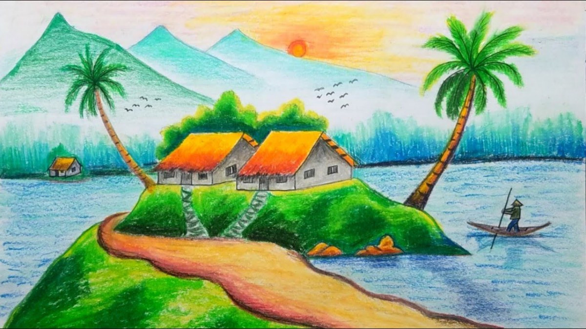 Quy trình tô màu với các mảng sáng tối, tạo chiều sâu cho toàn bộ bức tranh quê hương