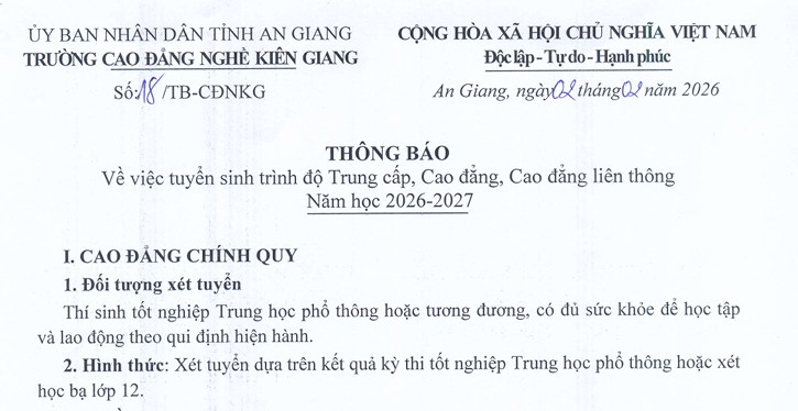 Thông báo tuyển sinh Trung cấp, Cao đẳng, Cao đẳng liên thông