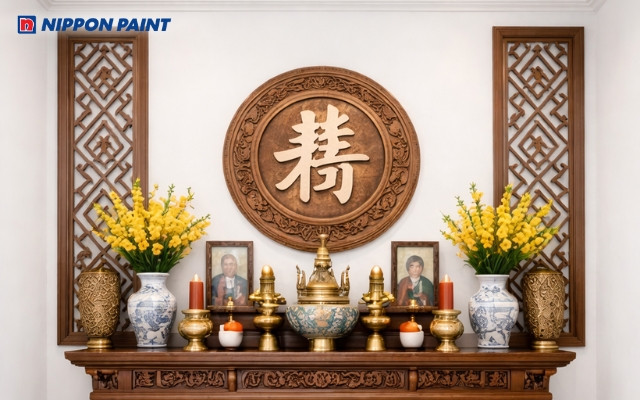 Phòng thờ trang nghiêm với tông màu trắng sứ chủ đạo, mang lại sự thanh tịnh cho gia chủ Giáp Thân 2004