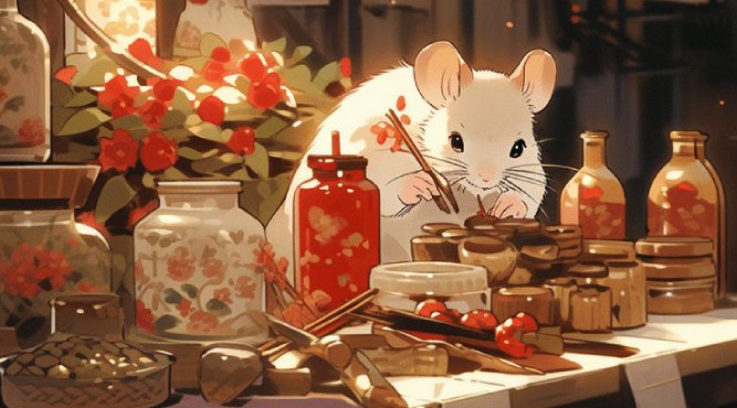Một bức tượng chuột nhỏ, biểu tượng của sự nhanh nhẹn và tài lộc, đứng vững chãi