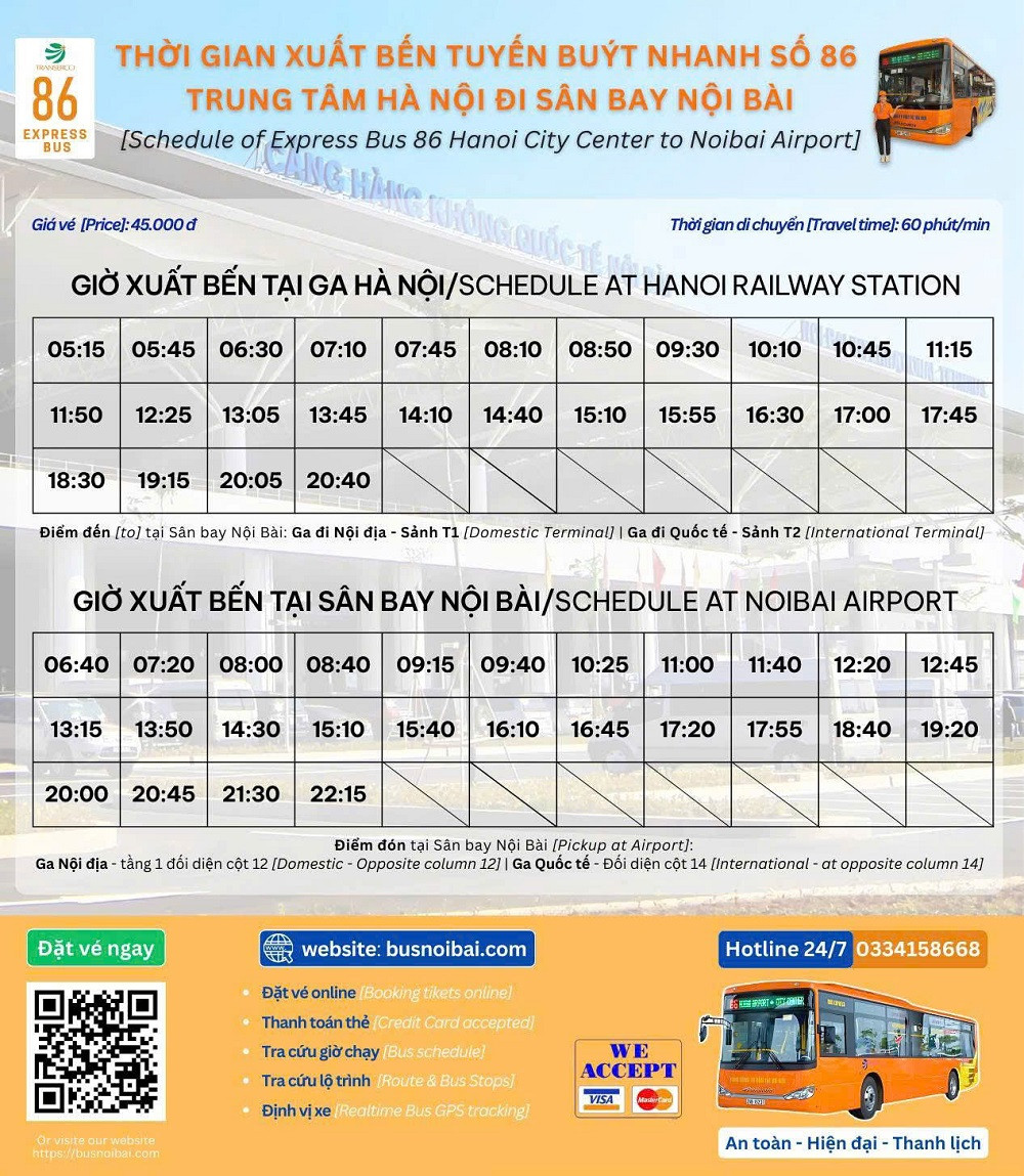 Lịch xuất bến xe bus sân bay Nội Bài 86