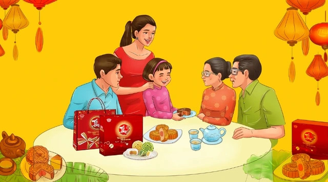 Cảnh gia đình sum vầy, ăn bánh và ngắm trăng trong đêm Trung thu